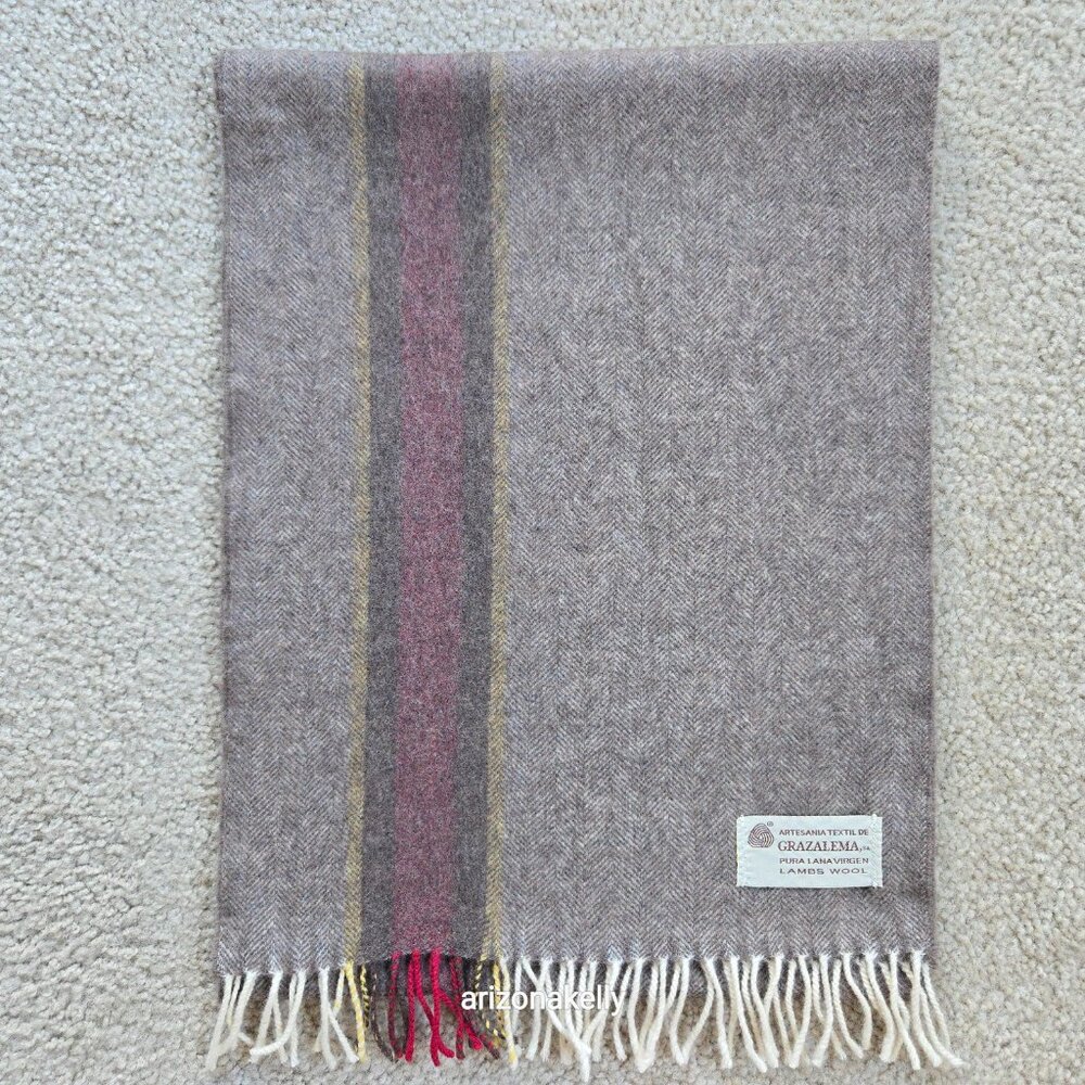 NWOT Wool Herringbone Scarf Brown with Burgundy & Yellow Stripe - Picture 6 of 11